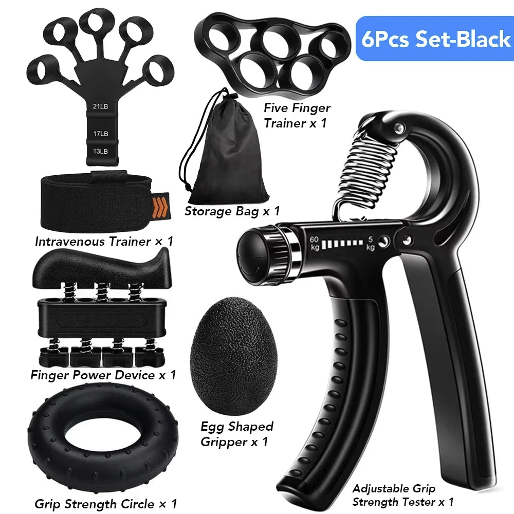 Black adjustable FanzyMarket hand gripper with handle for finger strengthening, wrist training, and improving grip strength.
