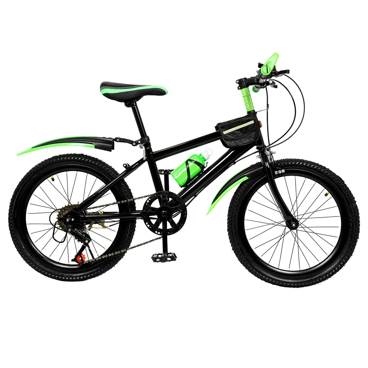 Green 20-inch FanzyMarket kids mountain bike with 7-speed gears and adjustable seat for heights 130-150 cm, suitable for young riders.