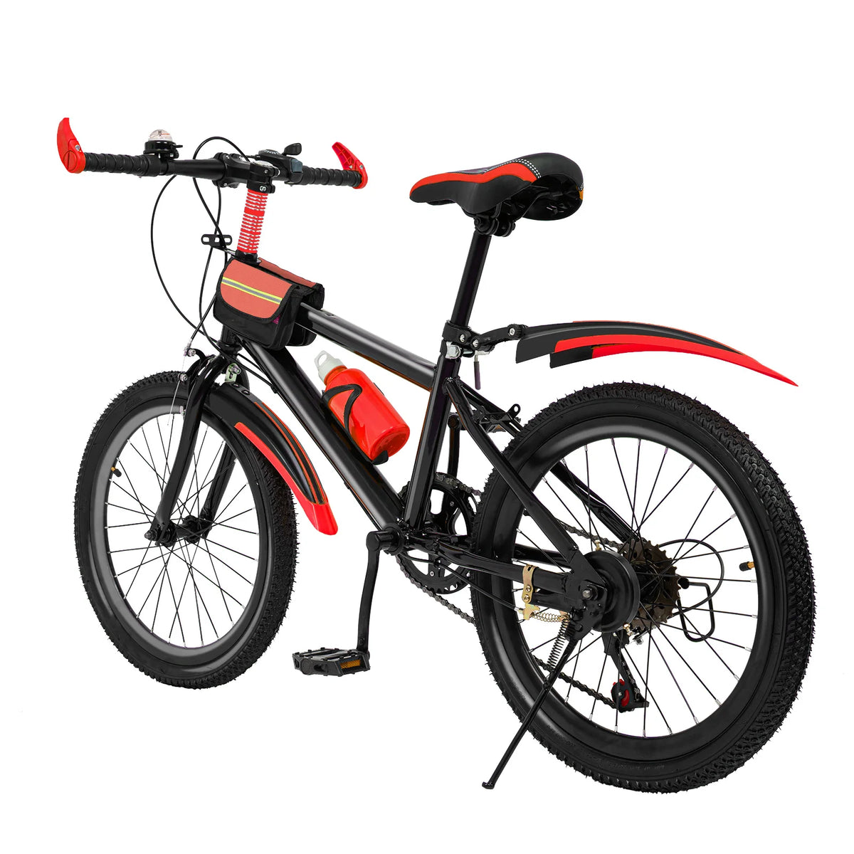 Green 20-inch FanzyMarket kids mountain bike with 7 speeds and adjustable seat, suitable for children 130-150 cm tall.