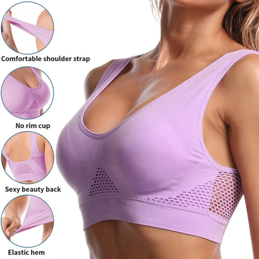 FanzyMarket seamless mesh plus size sports bra, wireless shockproof breathable yoga and gym crop top in white, up to 6XL size.