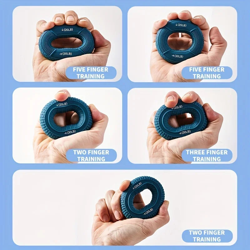 Pink silicone hand grip strengthener ring by FanzyMarket, designed for finger and forearm muscle training during fitness routines.