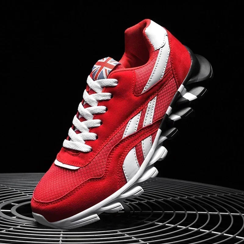 FanzyMarket men's breathable running sneakers with cushioned thick sole and wear-resistant outdoor design, in vibrant red.