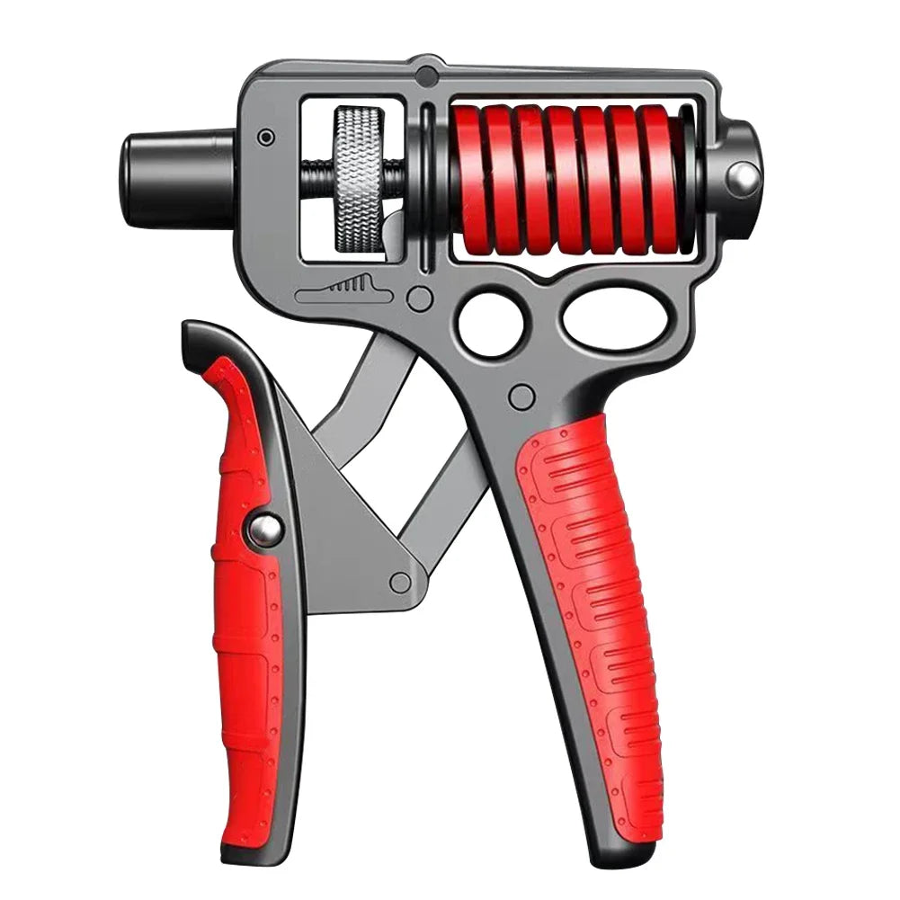 FanzyMarket adjustable hand grip strengthener with mechanical counter, red nonslip design, for wrist, finger, and forearm workout.
