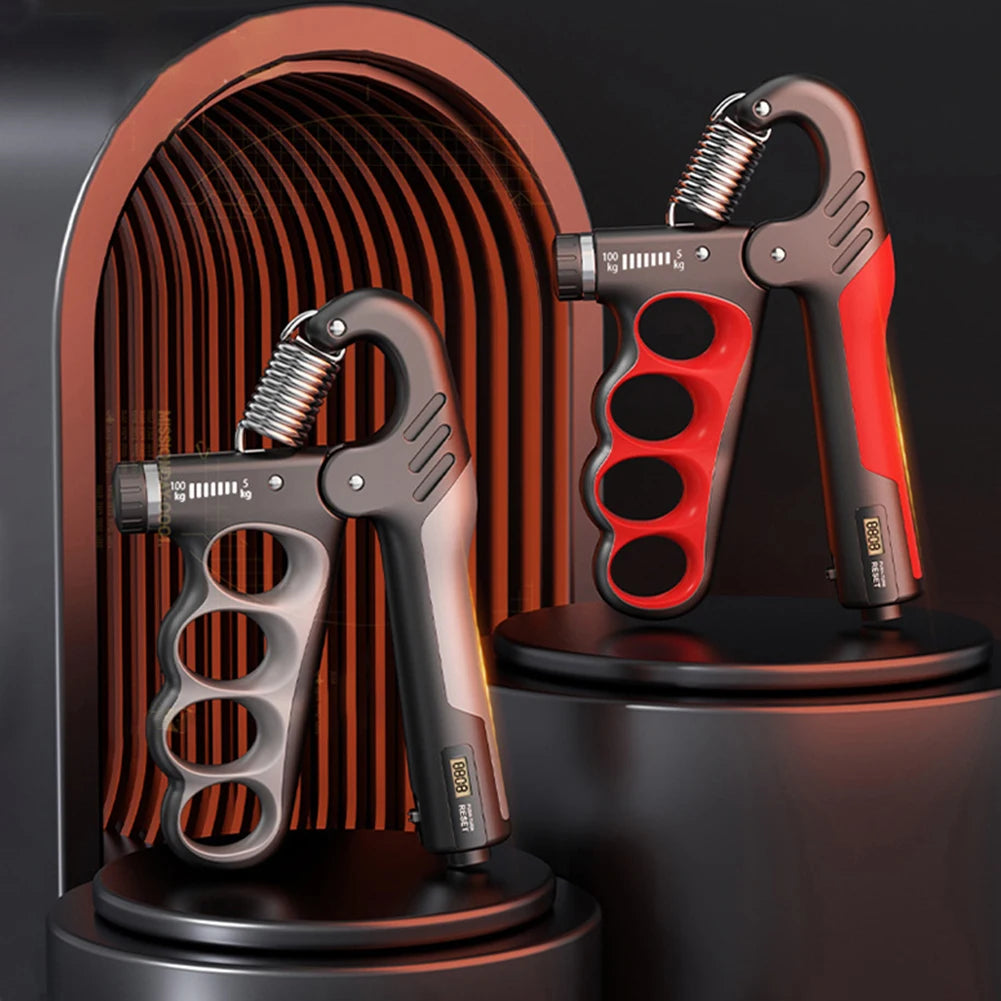 FanzyMarket adjustable grip strength trainer with electronic counter, wrist expander for muscle building and recovery in fitness training.