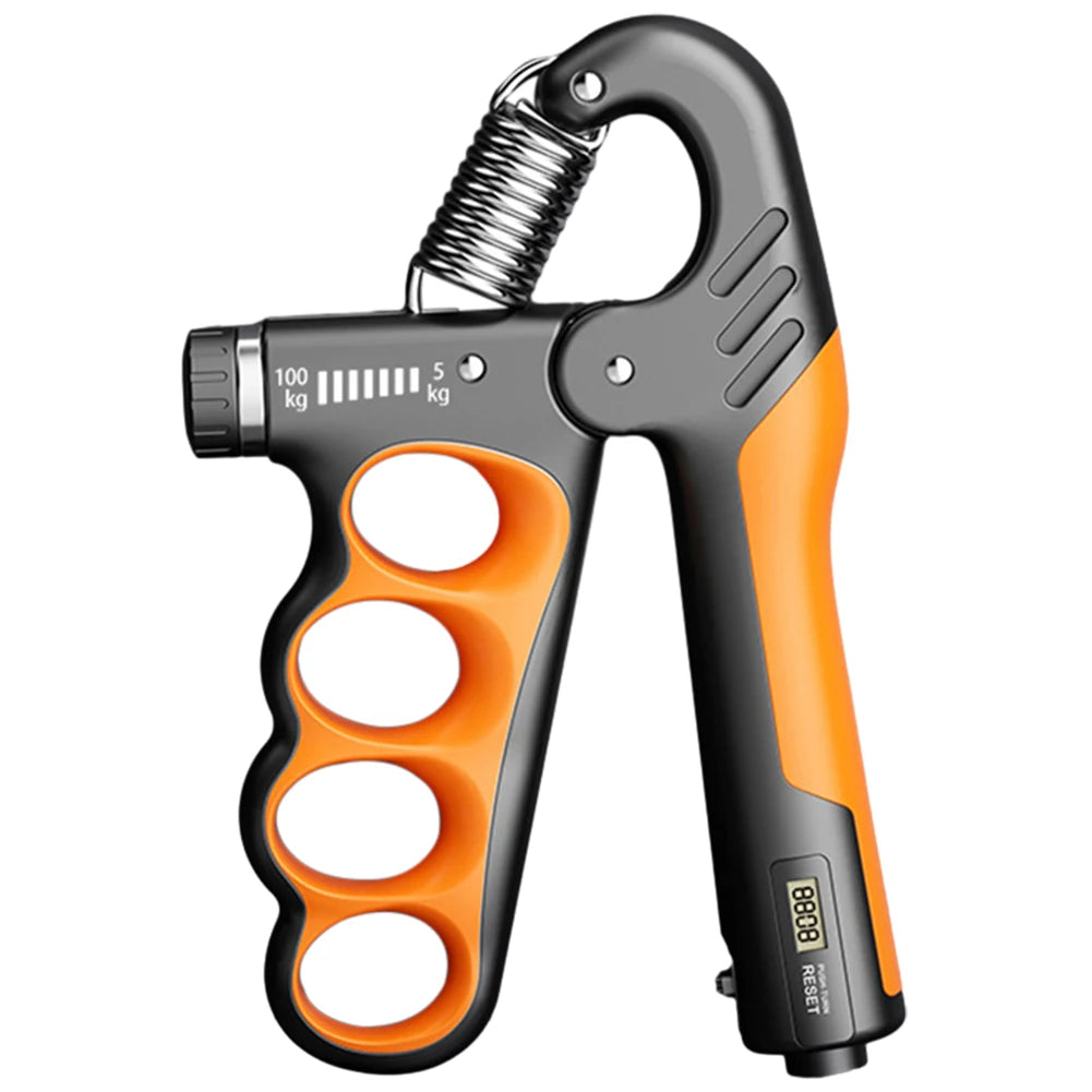 FanzyMarket adjustable grip strength trainer with electronic counter, hand gripper for muscle building and recovery, 5-100kg capacity.