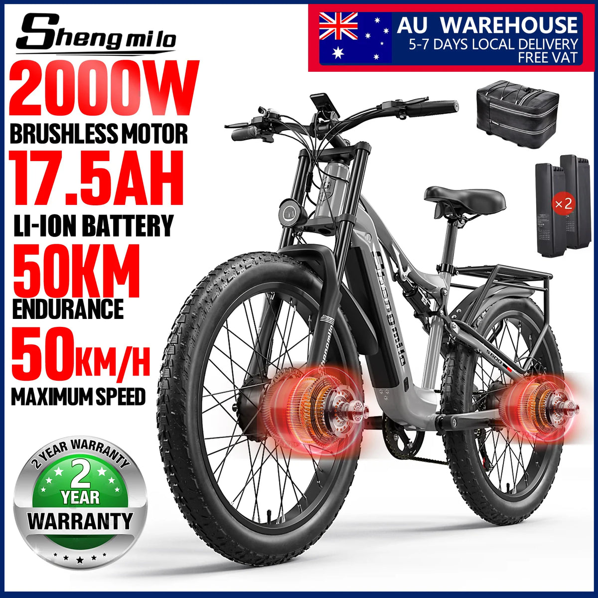 FanzyMarket 26-inch 2000W dual motor electric mountain bike with fat tires, 7-speed, 48V removable battery for off-road riding.