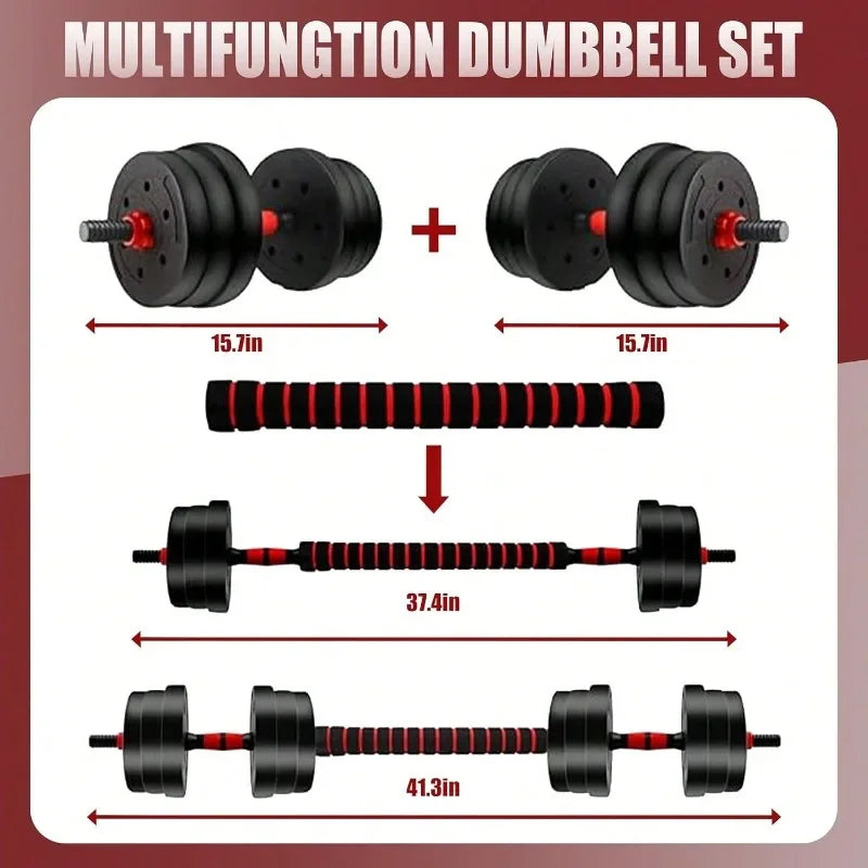 FanzyMarket adjustable dumbbell to barbell set with anti-slip grip, suitable for home gym, includes push-up stands and versatile weights.