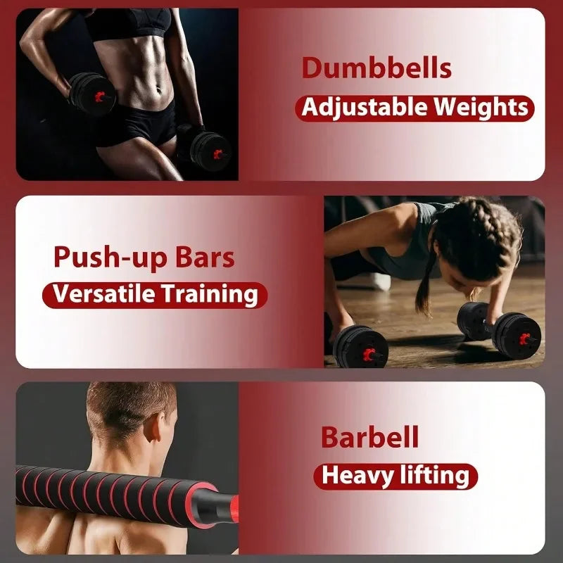 FanzyMarket adjustable dumbbell to barbell set with anti-slip grip, suitable for home gym, includes push-up stands and versatile weights.