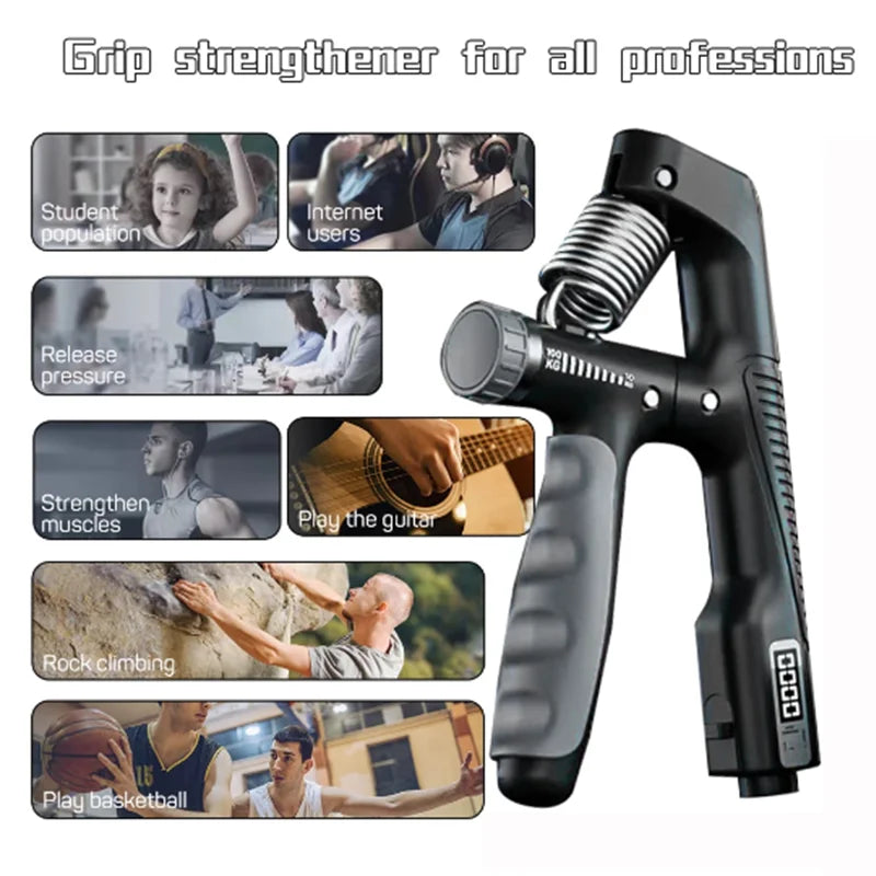 FanzyMarket adjustable hand grip strengthener in black, showing its ergonomic design for forearm, wrist, and finger strengthening exercises.