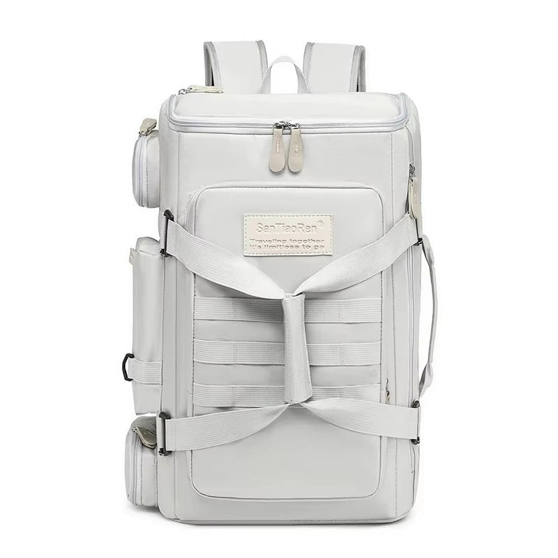 FanzyMarket large sports backpack with wet/dry separation, ideal for gym, yoga, fitness, or fishing, in white with spacious design.