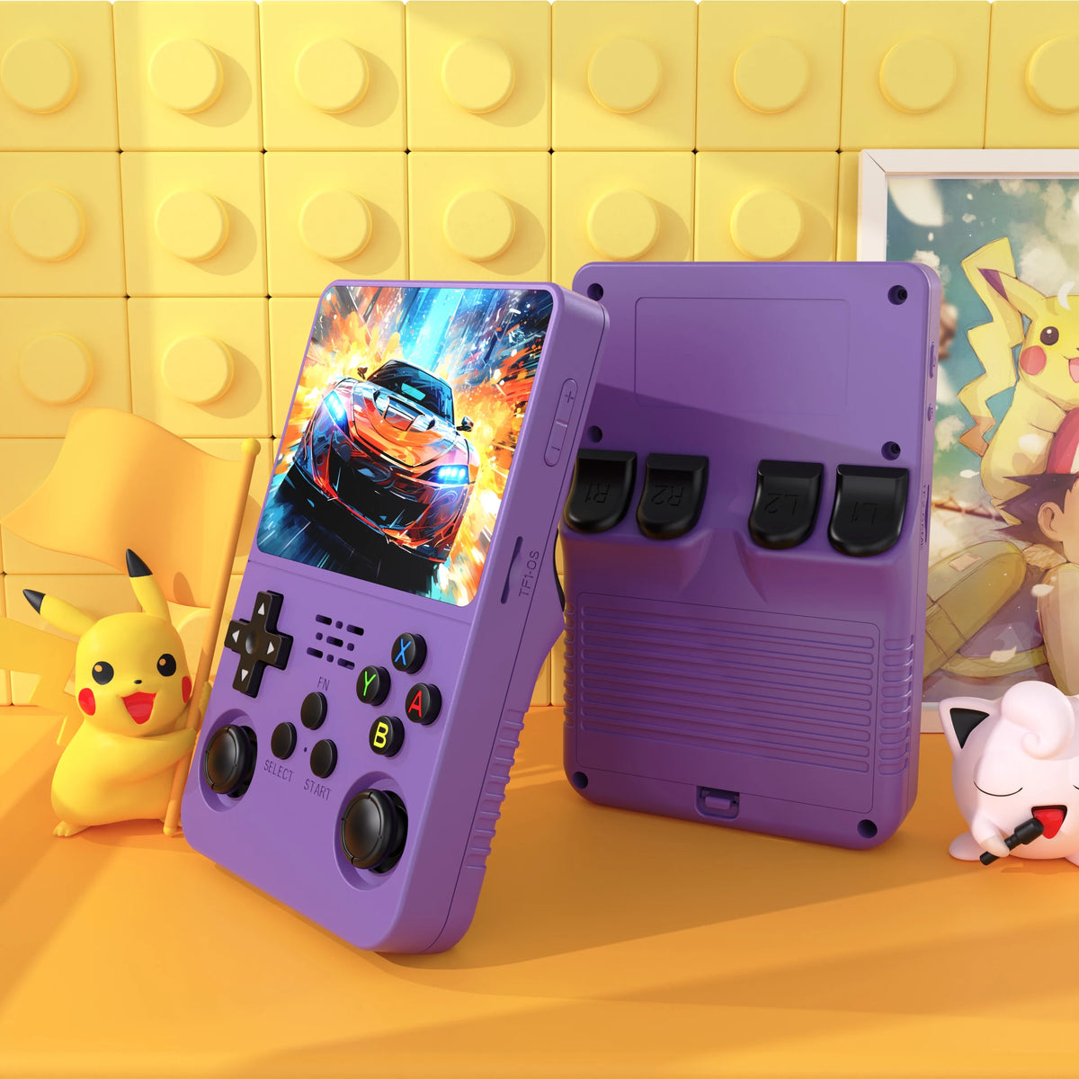 FanzyMarket retro handheld game console with 3.5-inch IPS screen, 64GB storage, purple color, 15,000 classic games, portable Linux device.