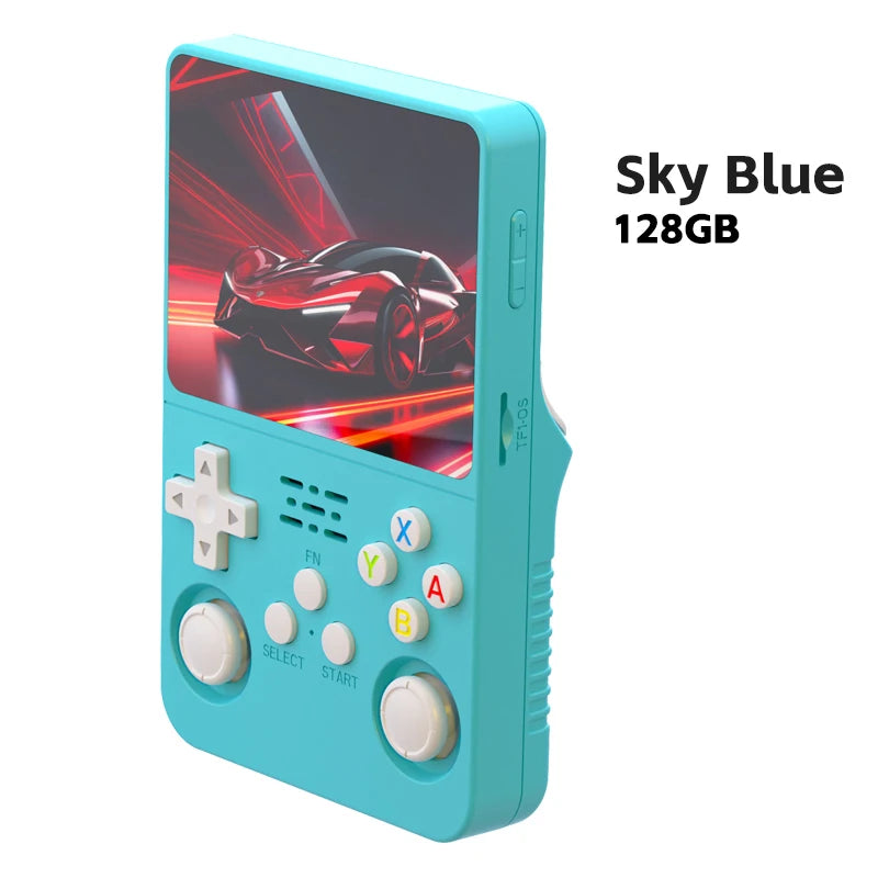 FanzyMarket retro handheld game console with 3.5-inch IPS screen, 64GB storage, purple color, 15,000 classic games, Linux portable device.