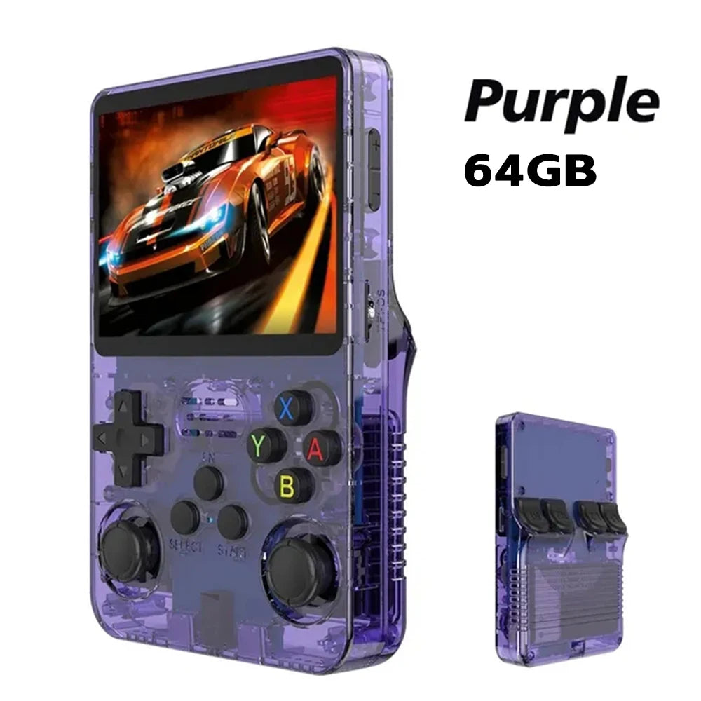 Purple FanzyMarket retro handheld game console with 3.5-inch IPS screen, 64GB storage, and 15,000 classic games for portable gaming.