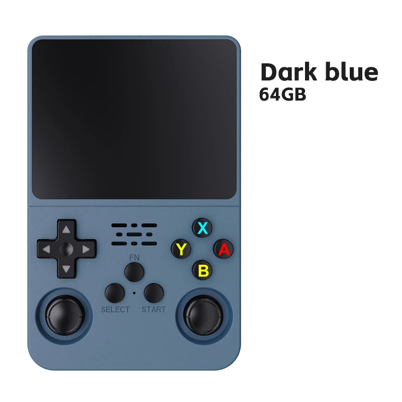 FanzyMarket retro handheld game console with 3.5-inch IPS screen, 64GB storage, purple color, featuring 15,000 classic games.