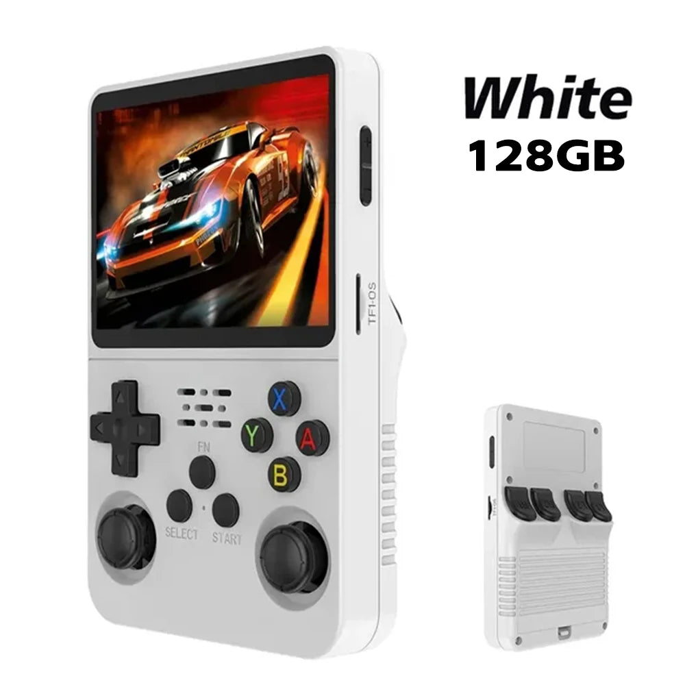 FanzyMarket retro handheld game console with 3.5-inch IPS screen, 64GB storage, purple color, and 15,000 classic games.