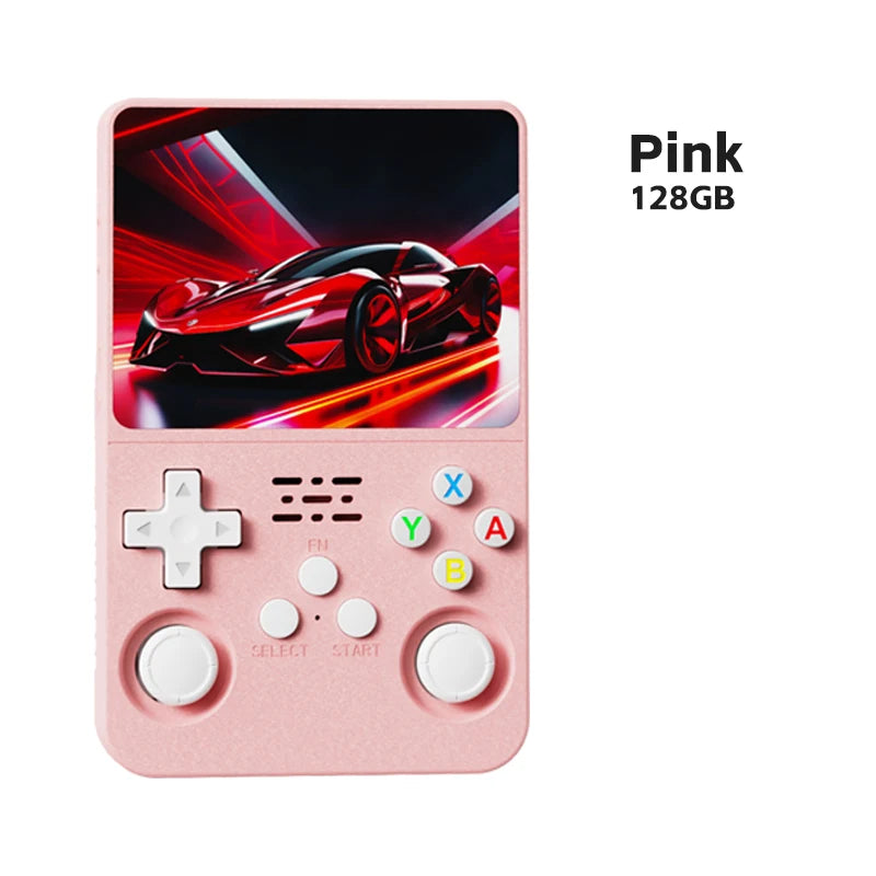 FanzyMarket retro handheld game console with 3.5-inch IPS screen, 64GB storage, purple color, and 15,000 classic games.