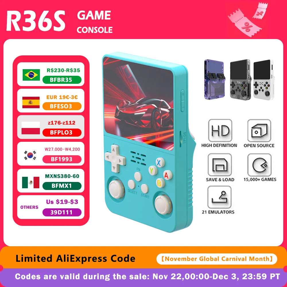 FanzyMarket 3.5-inch IPS retro handheld game console with classic games, Linux RK3326, 3000mAh battery, Type-C port, white color.