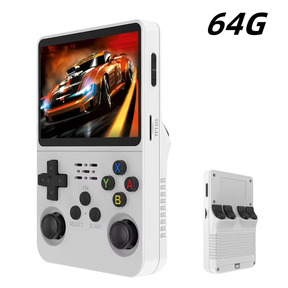 FanzyMarket retro handheld game console with 3.5-inch IPS screen, 15,000+ games, 128GB storage, and built-in Linux system.