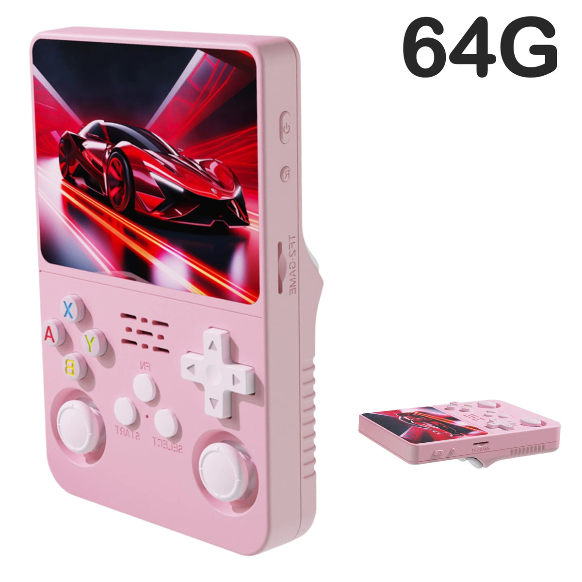 FanzyMarket retro handheld game console with 3.5-inch IPS screen, 15,000+ games, 128GB storage, and 3000mAh battery.