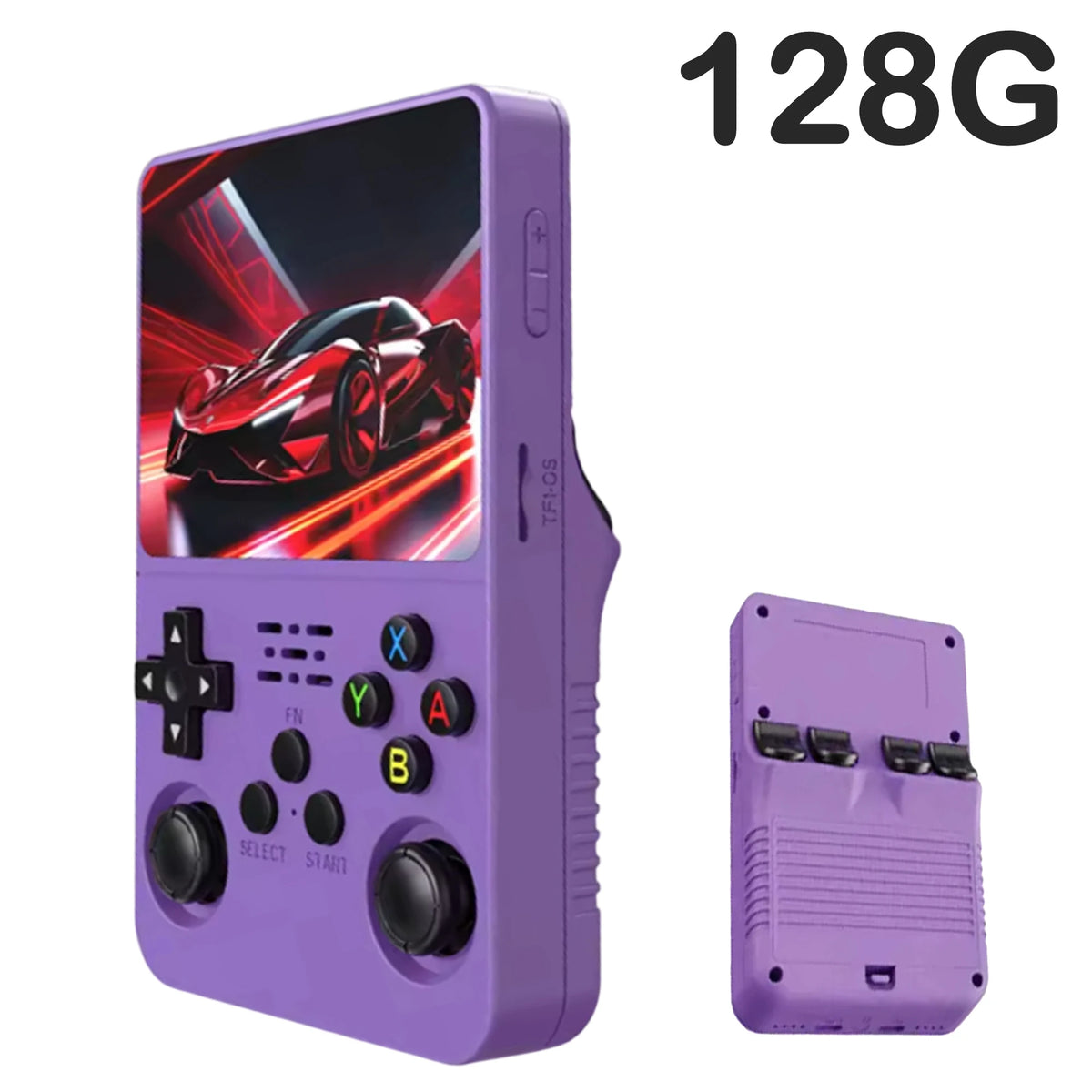 FanzyMarket retro handheld game console with 3.5-inch IPS screen, black design, showing game menu and controls.