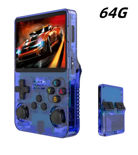 FanzyMarket retro handheld game console with 3.5-inch IPS screen, 15,000+ games, 128GB storage, and 3000mAh battery.