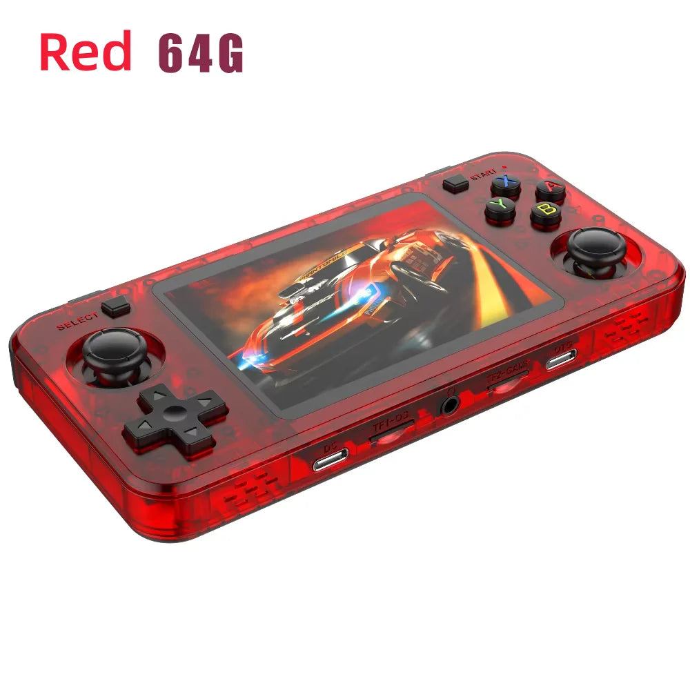 FanzyMarket retro handheld gaming console with 3.5-inch IPS screen, 64GB storage, and classic games in a portable black design.