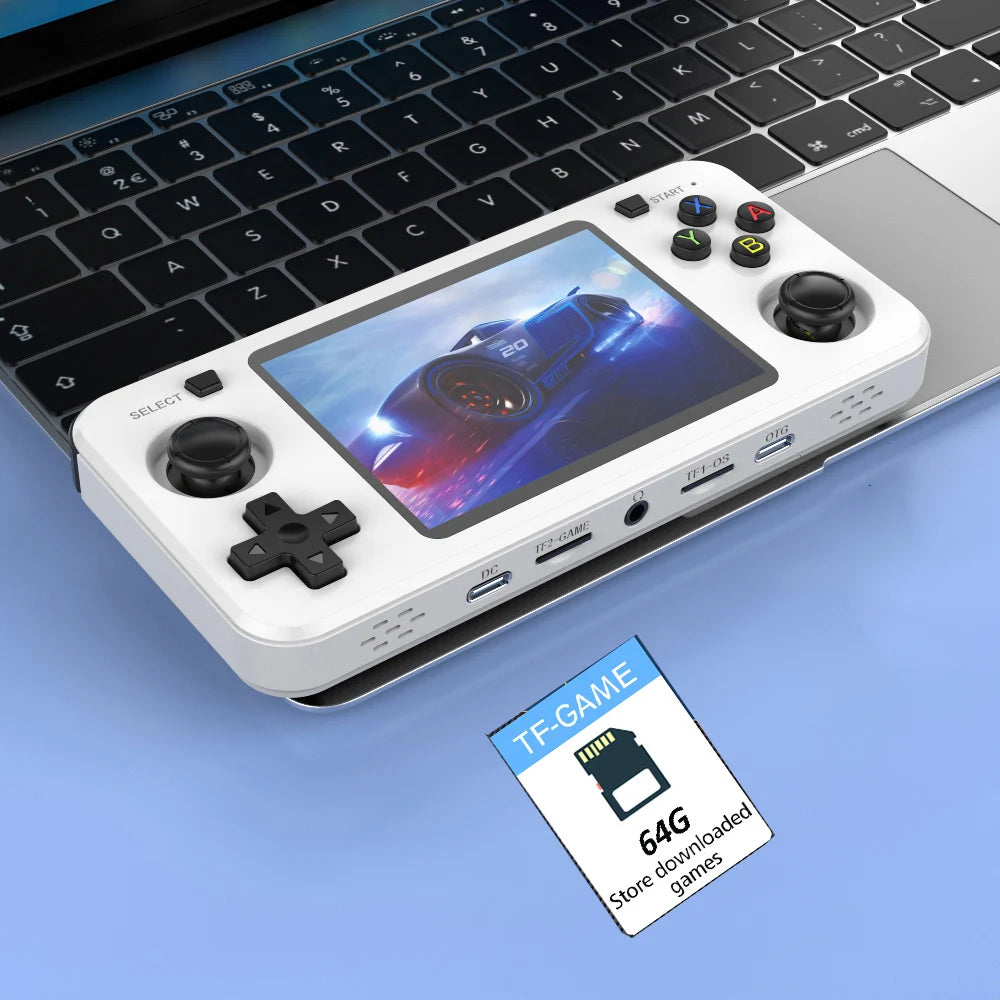 FanzyMarket retro handheld gaming console with 3.5-inch IPS screen, 64GB storage, and classic games in black color.