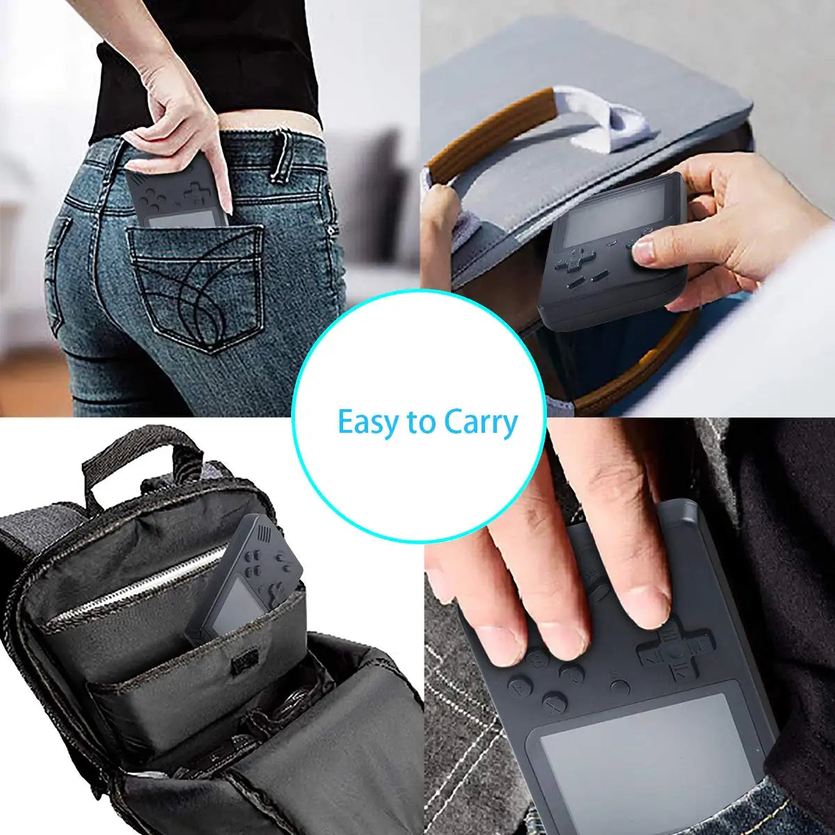 FanzyMarket 400-in-1 mini retro handheld game console with 3-inch color LCD, black, portable 8-bit gaming device.