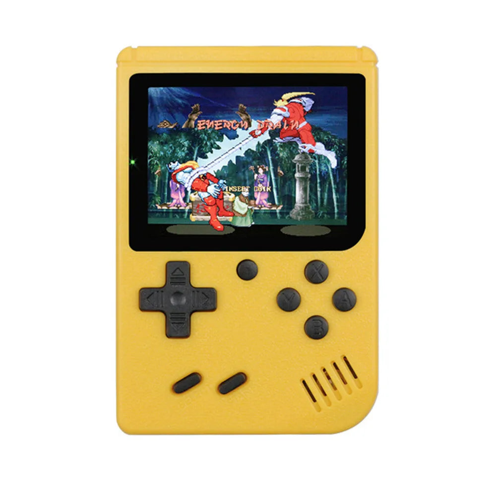 FanzyMarket 400-in-1 mini retro handheld game console with 3-inch color LCD, 8-bit portable gaming device, black design.