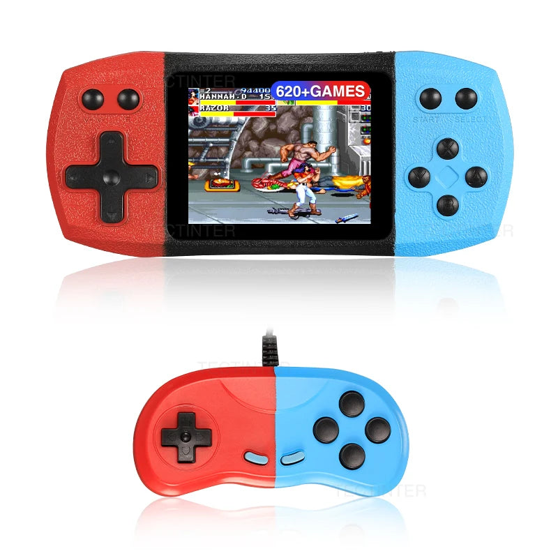 FanzyMarket 2.4-inch retro handheld game console in black with gamepad, featuring 620 classic games and AV output.