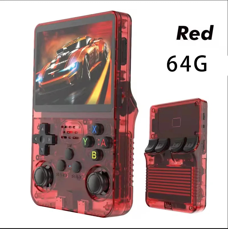 FanzyMarket retro handheld game console with 3.5-inch IPS screen, 15,000+ games, 64-bit Linux, portable design for kids.