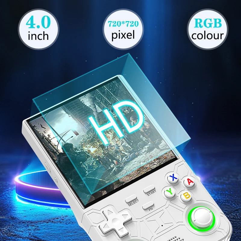 FanzyMarket 4.0-inch retro handheld game console in blue with open-source Linux, 128GB storage, and 15,000 classic games.