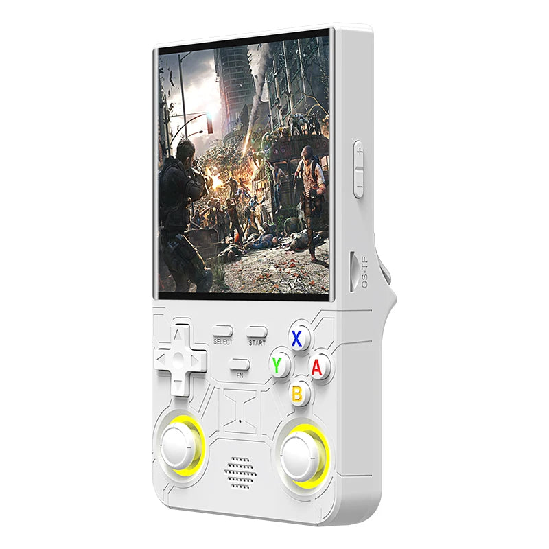 FanzyMarket handheld retro game console with 4-inch IPS screen, WiFi, 1GB RAM, 8GB storage, and over 16,000 classic games.