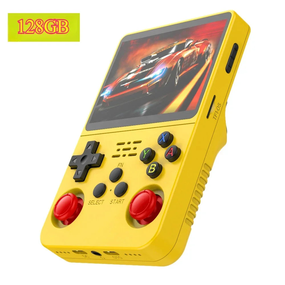 FanzyMarket retro handheld game console with 3.5-inch IPS screen, dark blue color, 64GB storage, preloaded 15,000+ games, USB-C port.