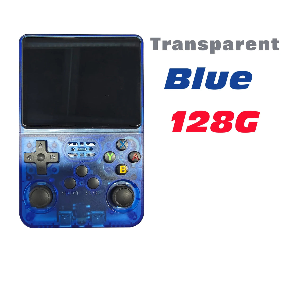 FanzyMarket retro handheld game console with 3.5-inch IPS screen, 64GB storage, preloaded 15,000+ games, USB-C charging in dark blue.