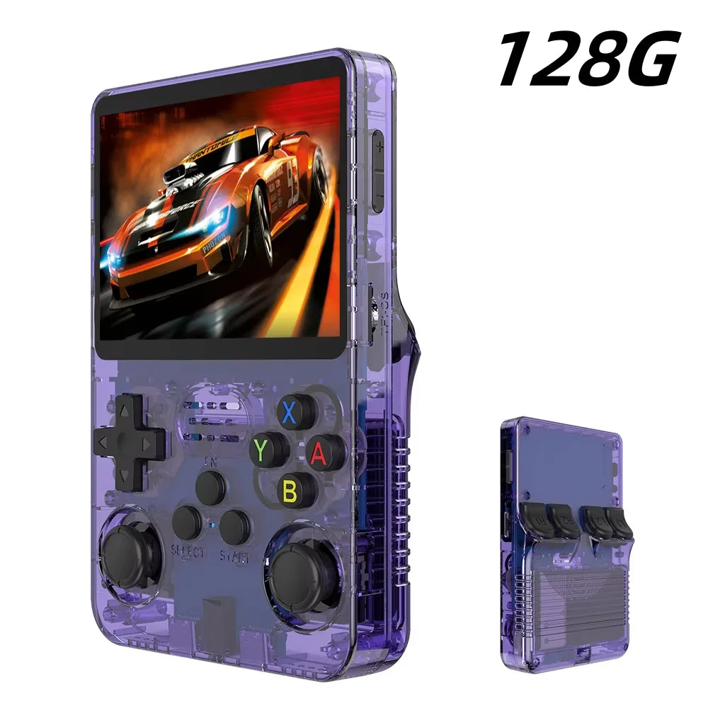 FanzyMarket retro handheld game console with 3.5-inch IPS screen, 15,000+ games, dual RAM, and 64GB or 128GB storage.