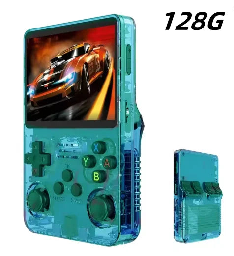 FanzyMarket retro handheld game console with 3.5-inch IPS screen, 15,000+ games, dual RAM, and 64GB/128GB storage.