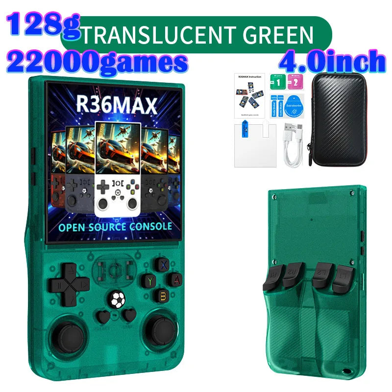 FanzyMarket handheld retro game console with 4-inch IPS screen, 64GB storage, preloaded games, Linux, and USB-C charging.