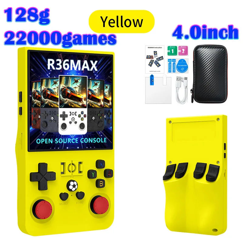 FanzyMarket handheld retro game console with 4-inch IPS screen, 64GB storage, preloaded games, USB-C charging, black color.