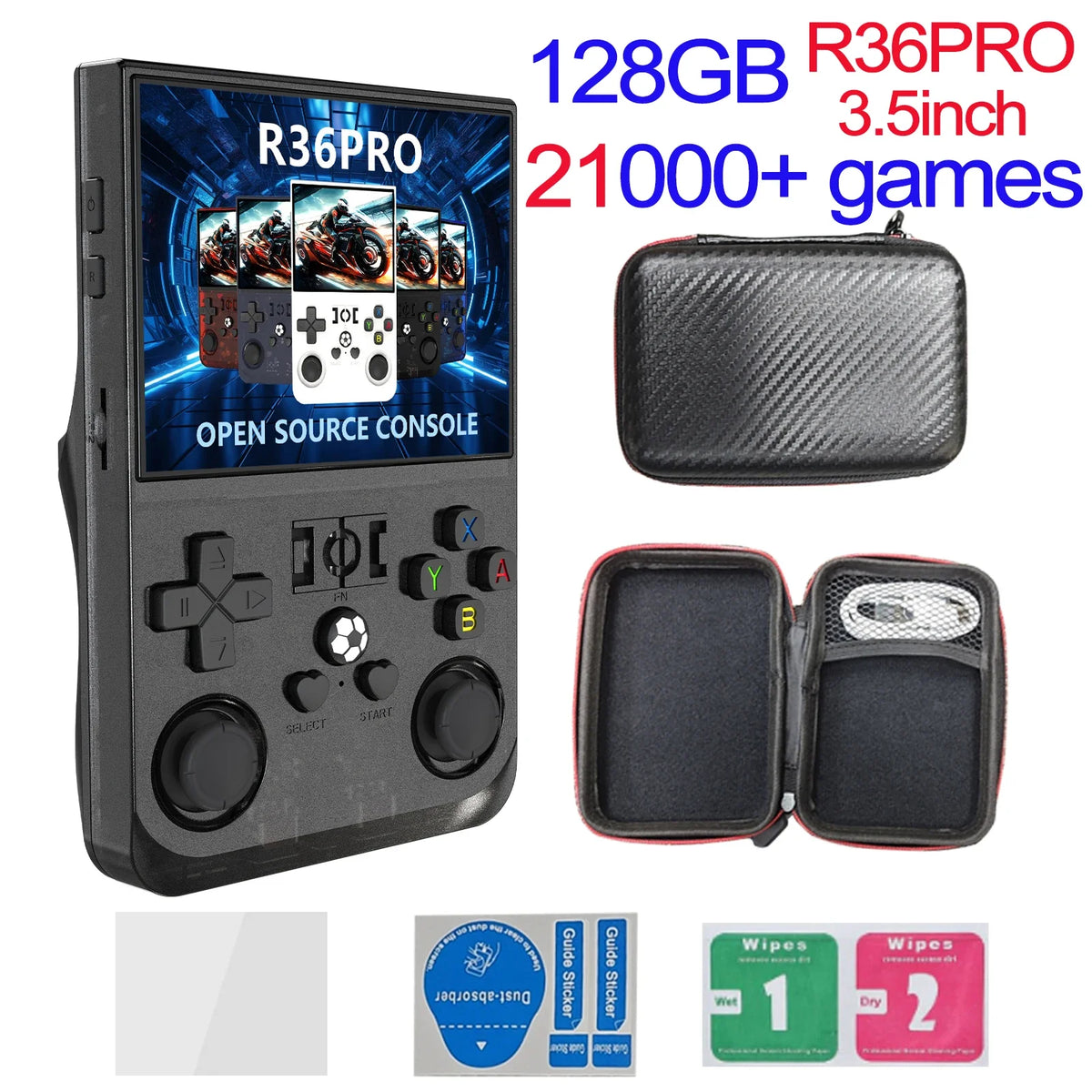 FanzyMarket handheld retro game console with 4-inch IPS screen, 64GB storage, and preloaded games in black.