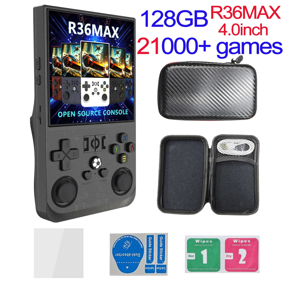 FanzyMarket handheld retro game console with 4-inch IPS screen, 64GB storage, preloaded games, Linux, and USB-C charging.