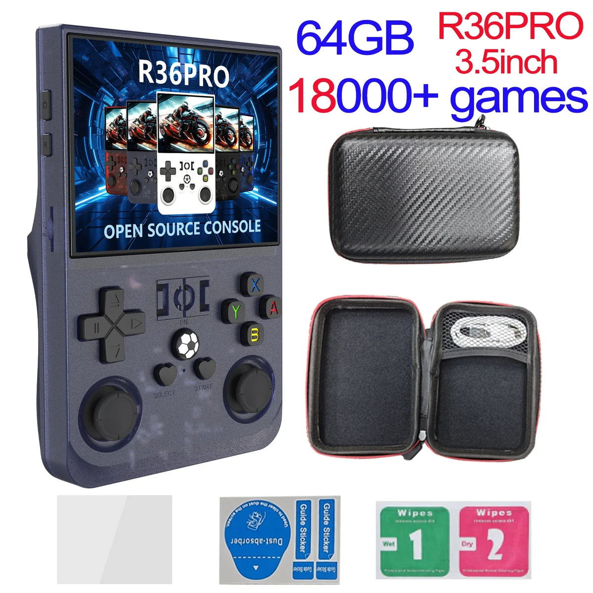 FanzyMarket handheld retro game console with 4-inch IPS screen, 64GB storage, preloaded games, Linux, and USB-C charging.