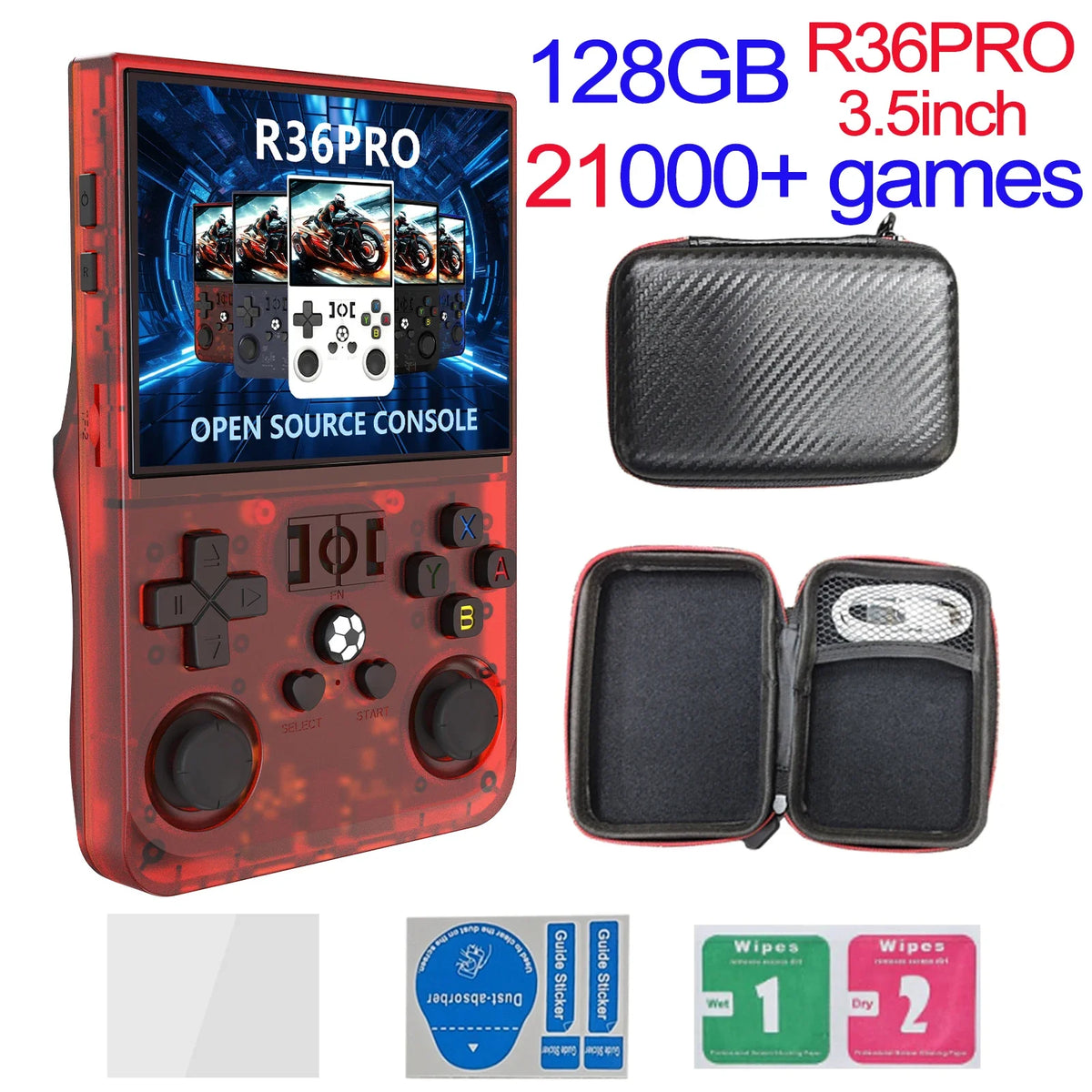 FanzyMarket handheld retro game console with 4-inch IPS screen, 64GB storage, preloaded games, USB-C charging, black color.