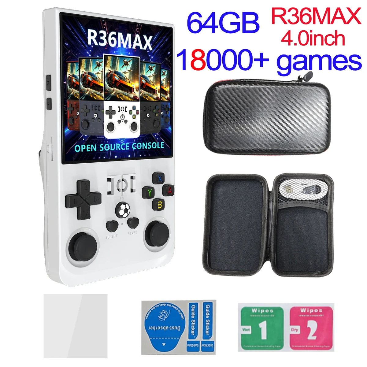FanzyMarket handheld retro game console with 4-inch IPS screen, 64GB storage, preloaded games, USB-C charging, black color.
