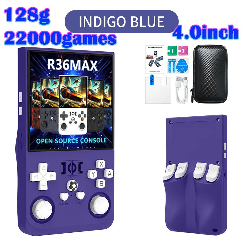 FanzyMarket handheld retro game console with 4-inch IPS screen, 64GB storage, preloaded games, USB-C charging, black color.
