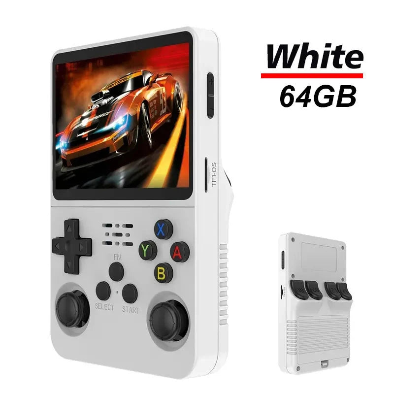 FanzyMarket retro handheld game console with 3.5-inch IPS screen, showing game controls and colorful display, 128GB storage.