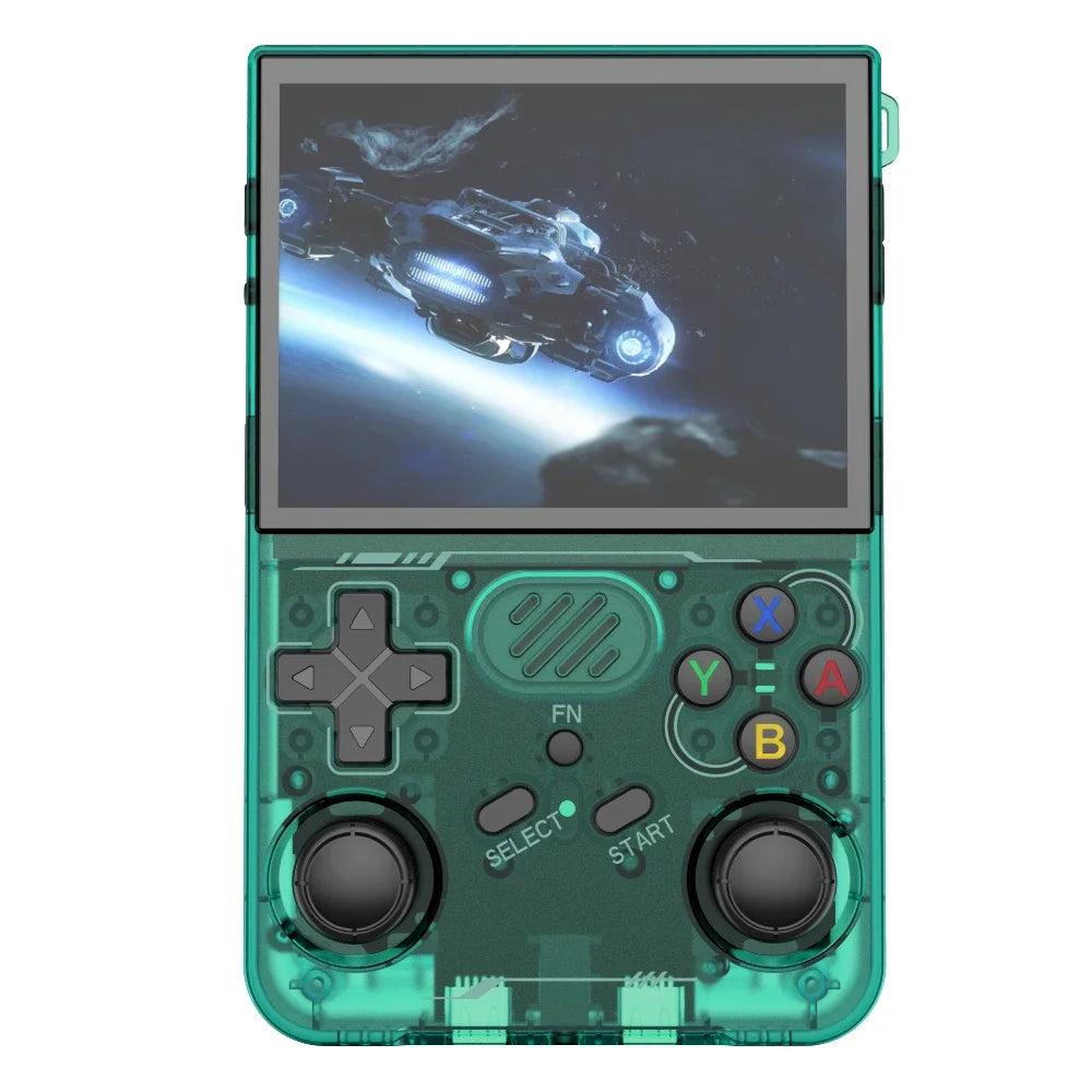 FanzyMarket retro handheld game console with 3.5-inch IPS screen, 256GB storage, Wi-Fi, Linux OS, and Type-C charging.