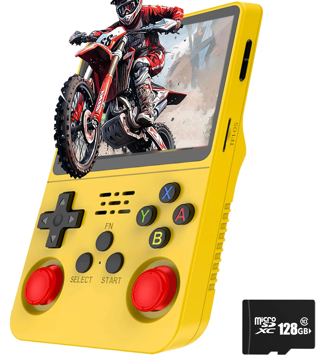 FanzyMarket retro handheld game console with 3.5-inch IPS screen, dual 3D joysticks, and over 15,000 games in yellow color.