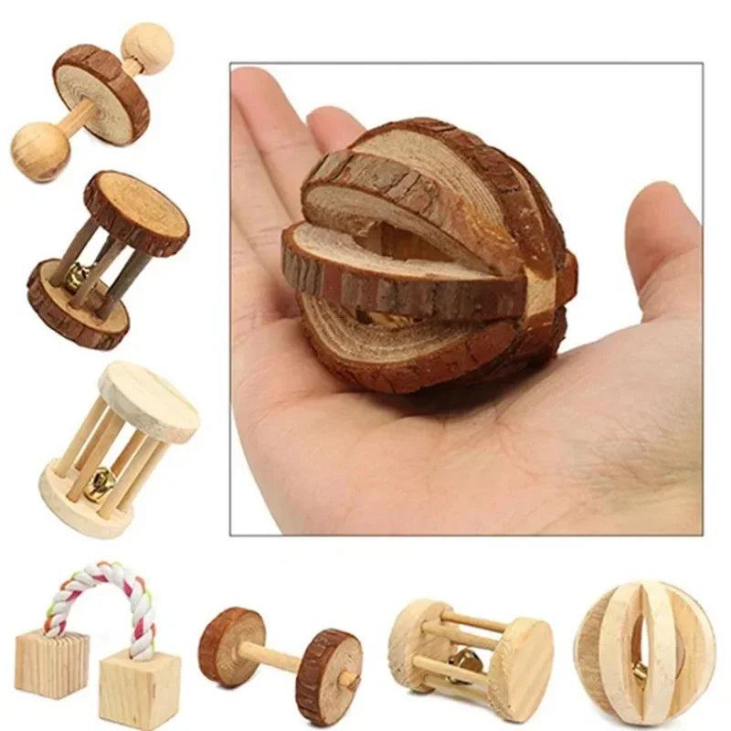 Wooden pine chew roller toy with dumbbell and bell for small pets like rabbits, guinea pigs, and rats, by FanzyMarket.